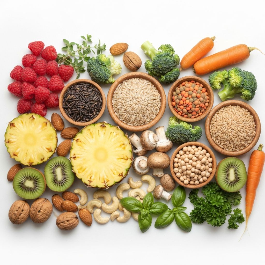 Variety of whole foods arranged